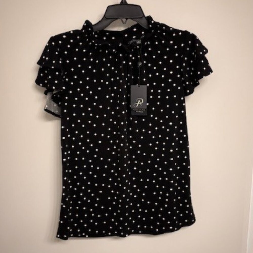 Adrianna Papell Printed Knit Double Flutter Blouse Black with White Spot Small